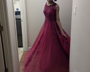JJs House Burgundy Beaded Tulle Prom Dress